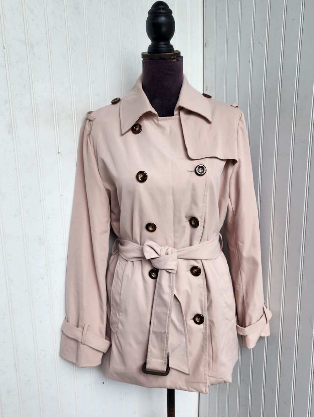Sugarfox California Company Women's Trench Coat Pink Double Wested Belted Sz S